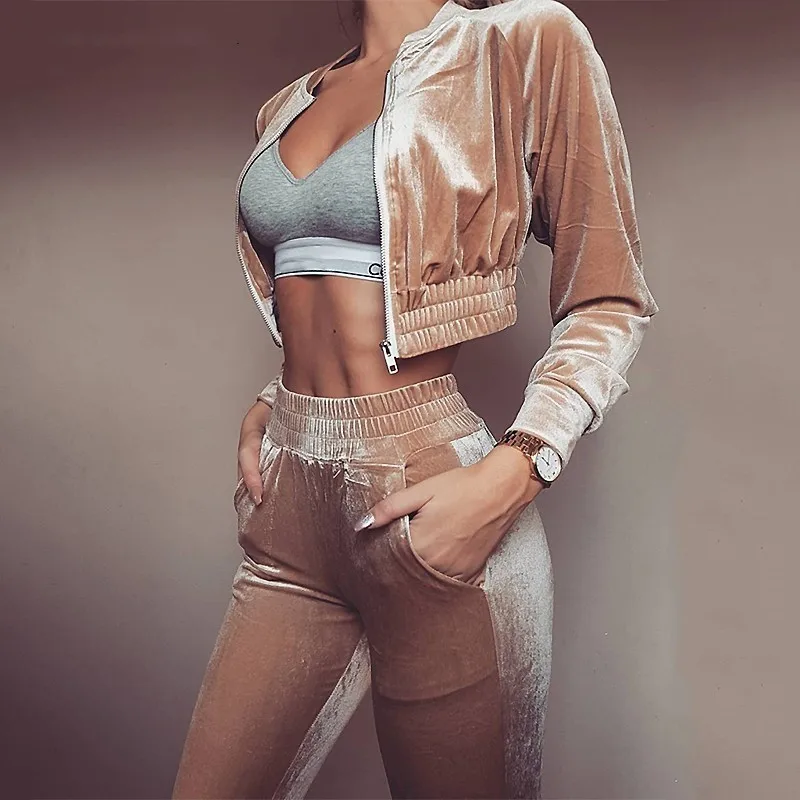 

Luobolan Velvet Tracksuits Casual Two Piece Sets Long Sleeve Zipper Jacket Crop Top Long Pants Women Outfits Velour Sportswear
