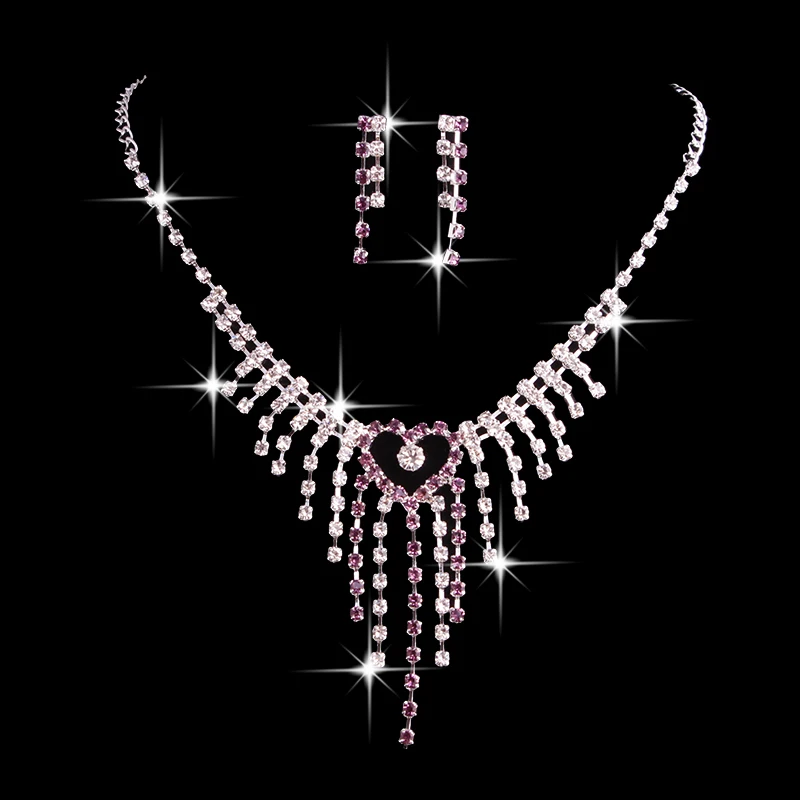 

F&U Heart Crystal Jewelry Set Sparkling Rhinestone Crystal Necklace Earrings Charm Wedding Bridal Show Jewelry Set for Women