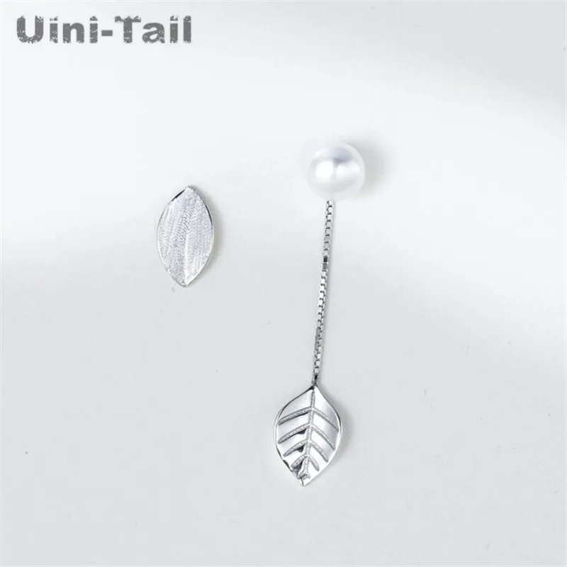 Uini-Tail новые 925 пробы Серебряные Оригинальные асимметричные серьги в виде листьев
