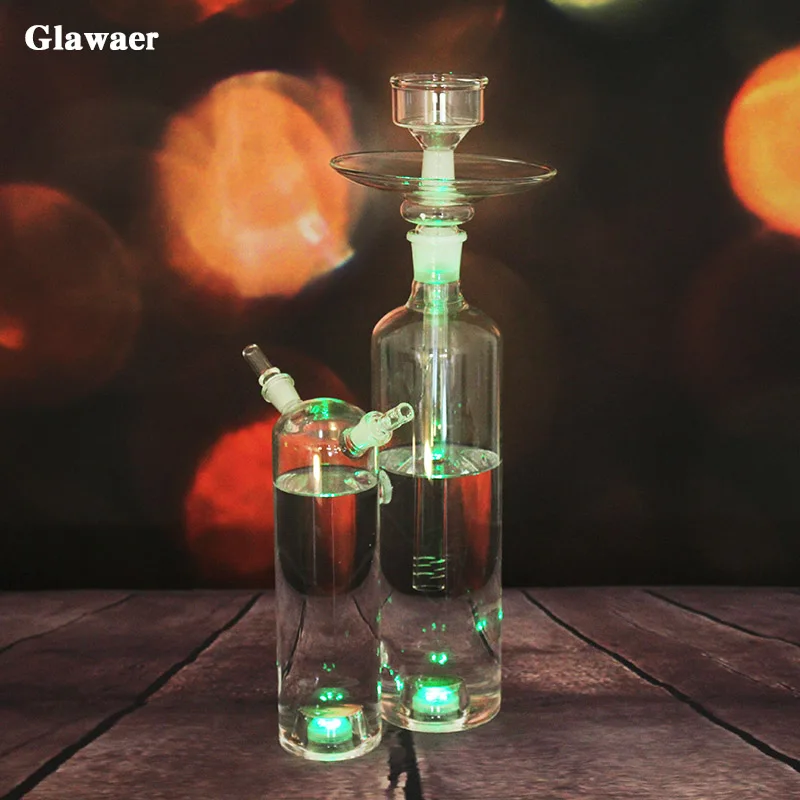

2017 new arrival double bottles style glass hookahs shisha with two LED lights silicone hose glass water pipe narguile chicha