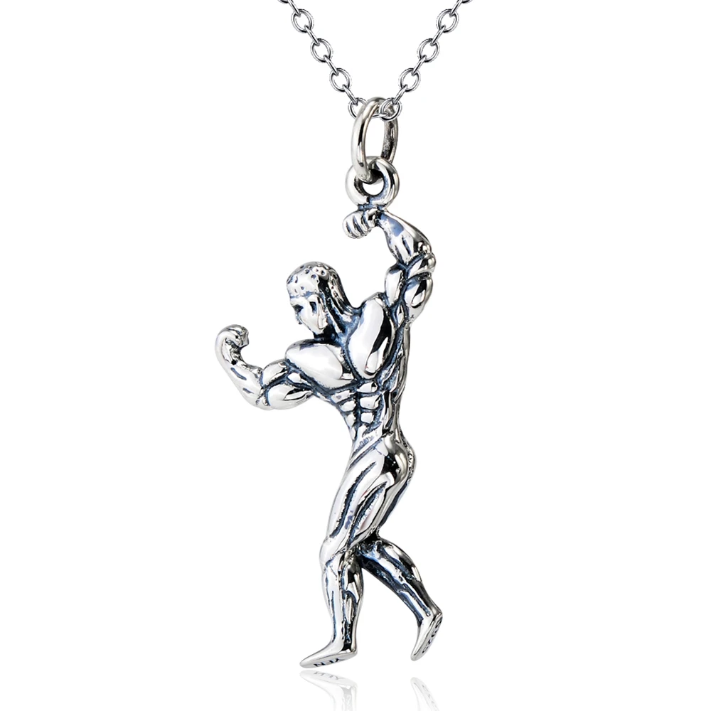 925 Sterling Silver Jewelry Pendant Necklace Bodybuilding Muscle Stong Men Sport Vigorous Graceful Male Choker Collier CHX9870