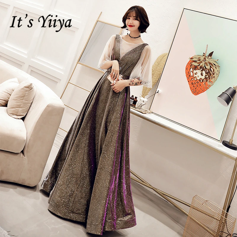 

It's Yiiya Prom Gowns Coffee Red O-neck Crystal Illusion Half Sleeves Bling A-line Floor length Party Plus size Prom Dress E432