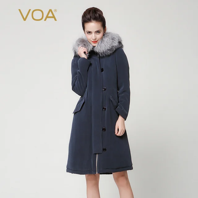 Cheap VOA navy blue fox fur thick long parkas fashion pockets buttoned pleated heavy silk coats M7265