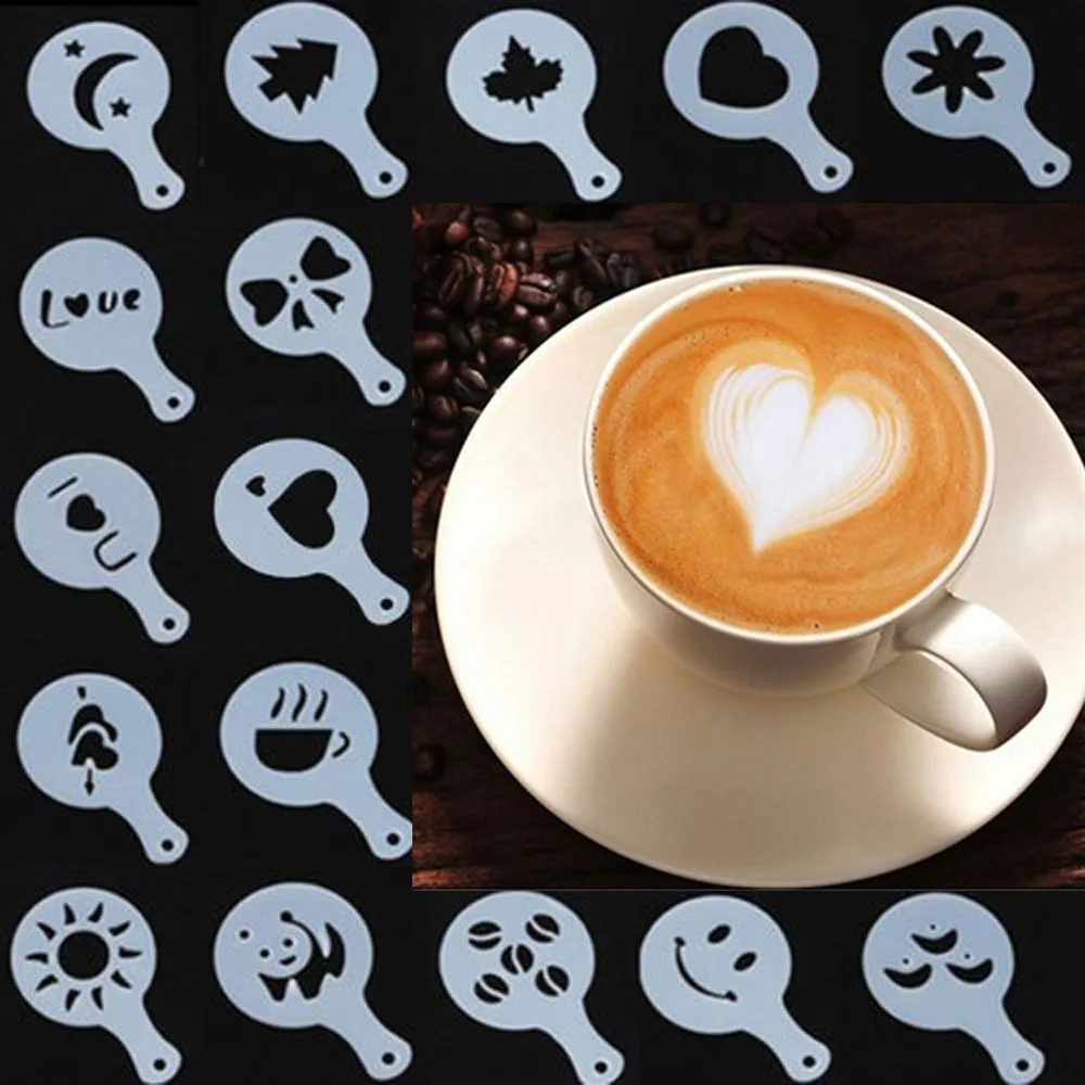 

16pcs/set Coffee Latte Cappuccino Coffee Art Stencils Template Strew Flowers Pad Duster Spray for Coffee Decor Tools Accessories
