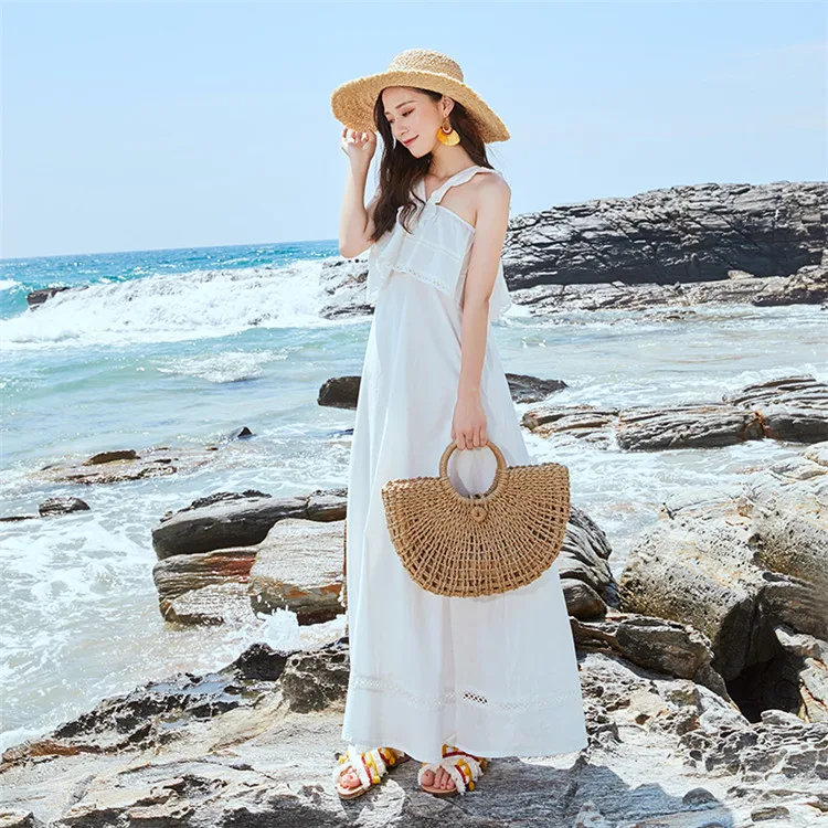

Straw Bag Paper Rope Round Bucket Hollow Woven Bag Retro Casual Belt Buckle Hand Bag
