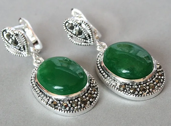 

Long lady's VINTAGE 925 SILVER GREEN MARCASITE DANGLE HOOK EARRING 11/2" Beads ONYX Drop Natural Stone EARRINGS