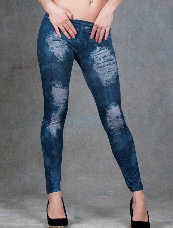 Teal Blue Ripped Distressed Wash Look Jegging