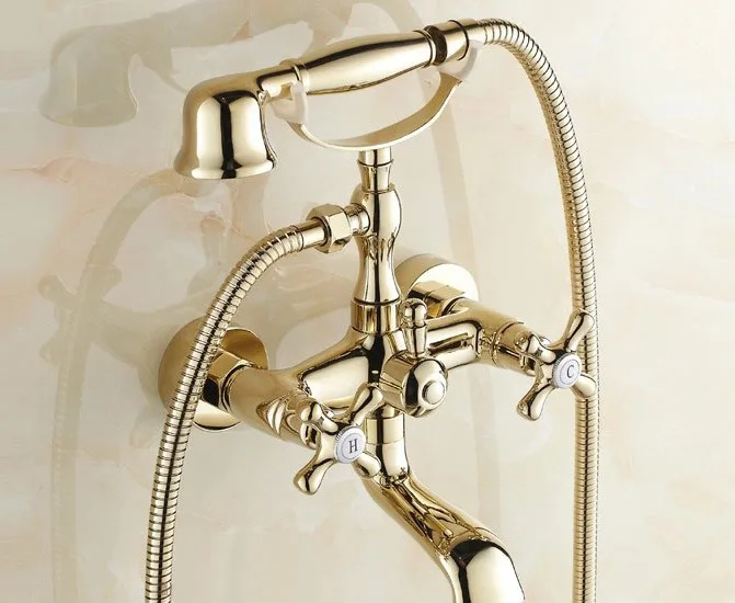 

Luxury Golden Brass Double Handles Clawfoot Bathroom Tub Faucet w/ Telephone Style Handshower - Wall Mount atf131
