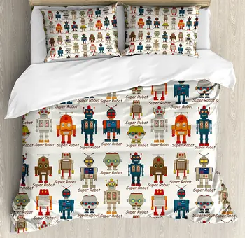 

Kids Duvet Cover Set Various Different Super Robot Figures Set in Cartoon Style Fantasy Futuristic Machine Decor Bedding Set