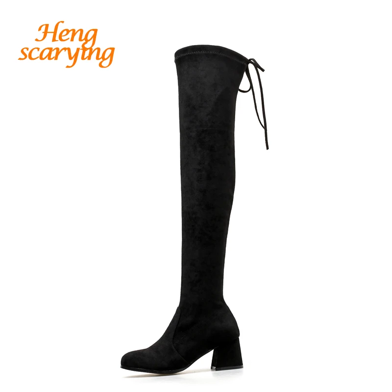 

2019 Spring Women Over The Knee Block 7cm 2.5cm High Heels Long Boots Spring Low Heels Boots Female Warm Girls Knight Cute Shoes