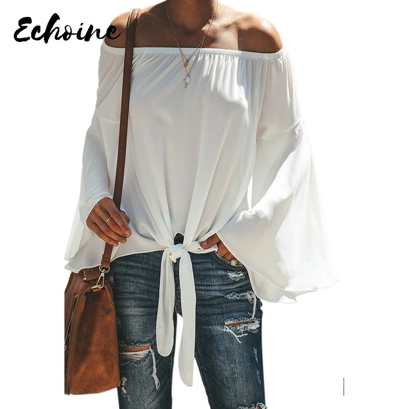 

Echoine Black/White/Gray Off The Shoulder Slash Neck Long Sleeve Tie Blouse Shirts Women Sexy Plus Size S-2XL Casual Tops