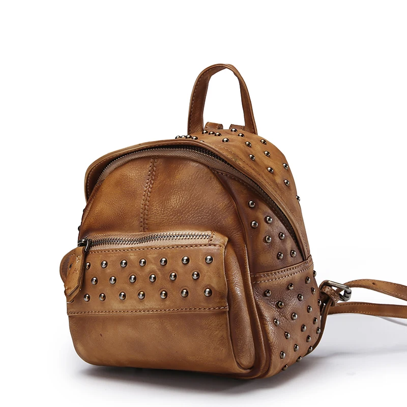 

Vintage Cool Punk Studs Rivets Designer Genuine Leather Handmade Female Girls Mini Backpack Cowskin Ladies Women Small Backpack