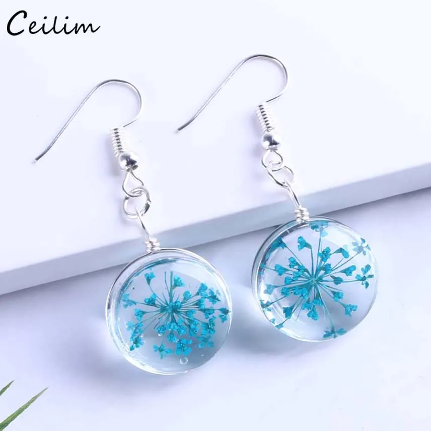 

2019 New Colorful Dried Flower Earrings Women Fashion Silver Color Clear Transparent Ball Dangle Earring Cute Ear Drop Jewelry