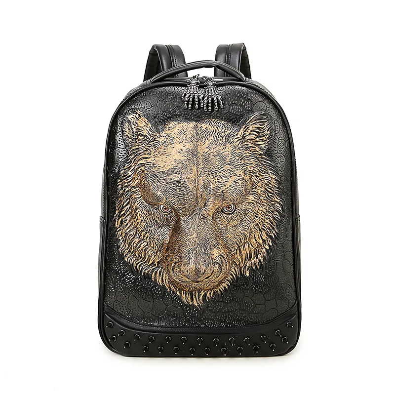 

2017 Hight Quality Tiger Fashion Men Backpack Rivet Emboss 3D Shoulder Bag Animal Backpack Halloween Cool alligator Leather Bags