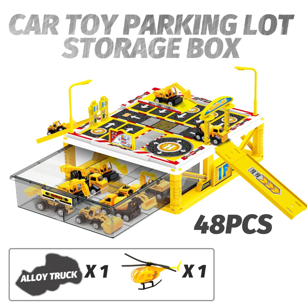 

Plastic Car Model Parking Lot Diecast Car Toy Storage Box for Diecast Car Toys 1:64 Vehicle Model with Alloy Truck & Helicoper