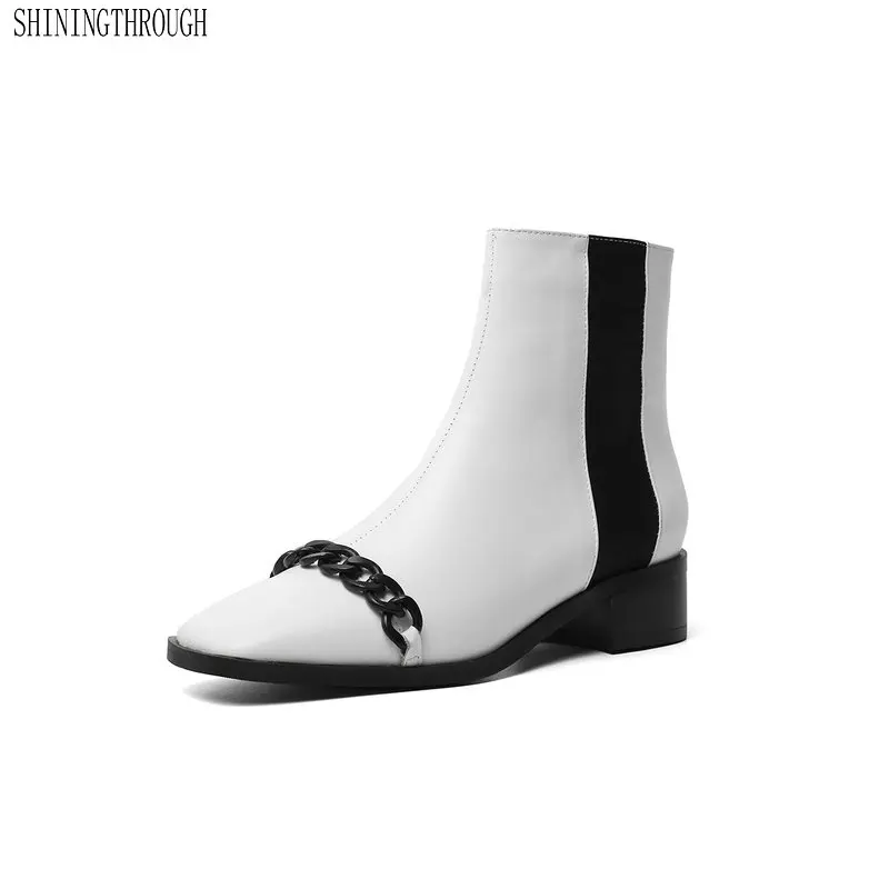 

Genuine Leather Women Ankle Boots 2019 New Arrival square Toe chain Square low Heels Party Shoes Woman size 41 42 43