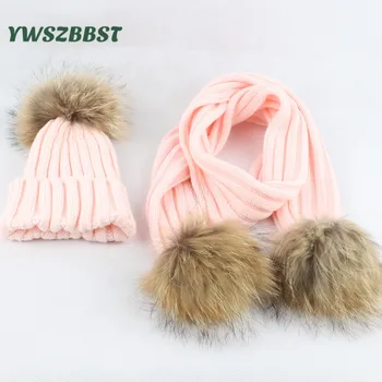 

Fashion Baby Hat Scarf With Raccoon Fur Balls Autumn Winter Warm Baby Hats for Girls and Boys Kids Children Caps Scarves set
