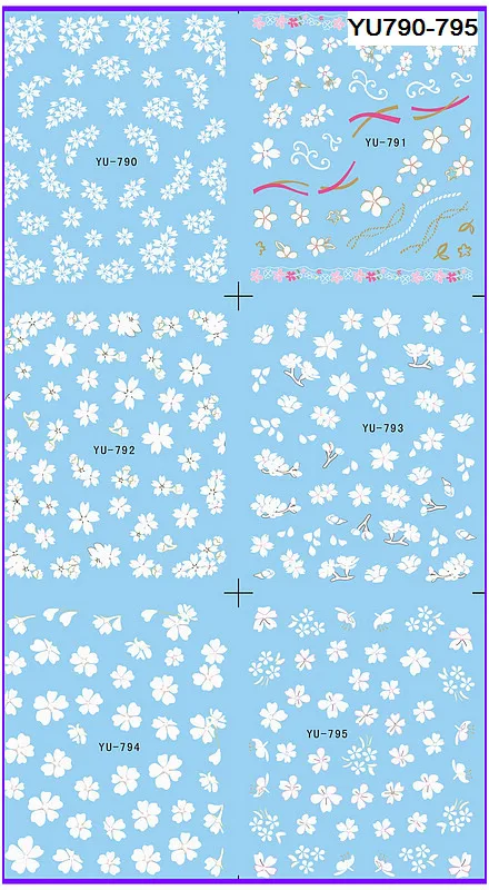 

6 PACK/ LOT WATER DECAL NAIL ART NAIL TRANSFER STICKER WHITE FLOWER VINE GRASS YU790-795