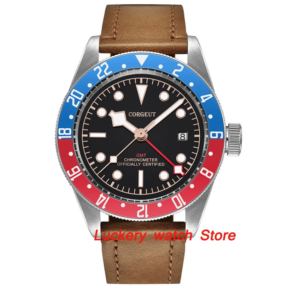 Мужские часы с черным циферблатом Corgeut GMT 41 мм светящийся вращающийся ободок