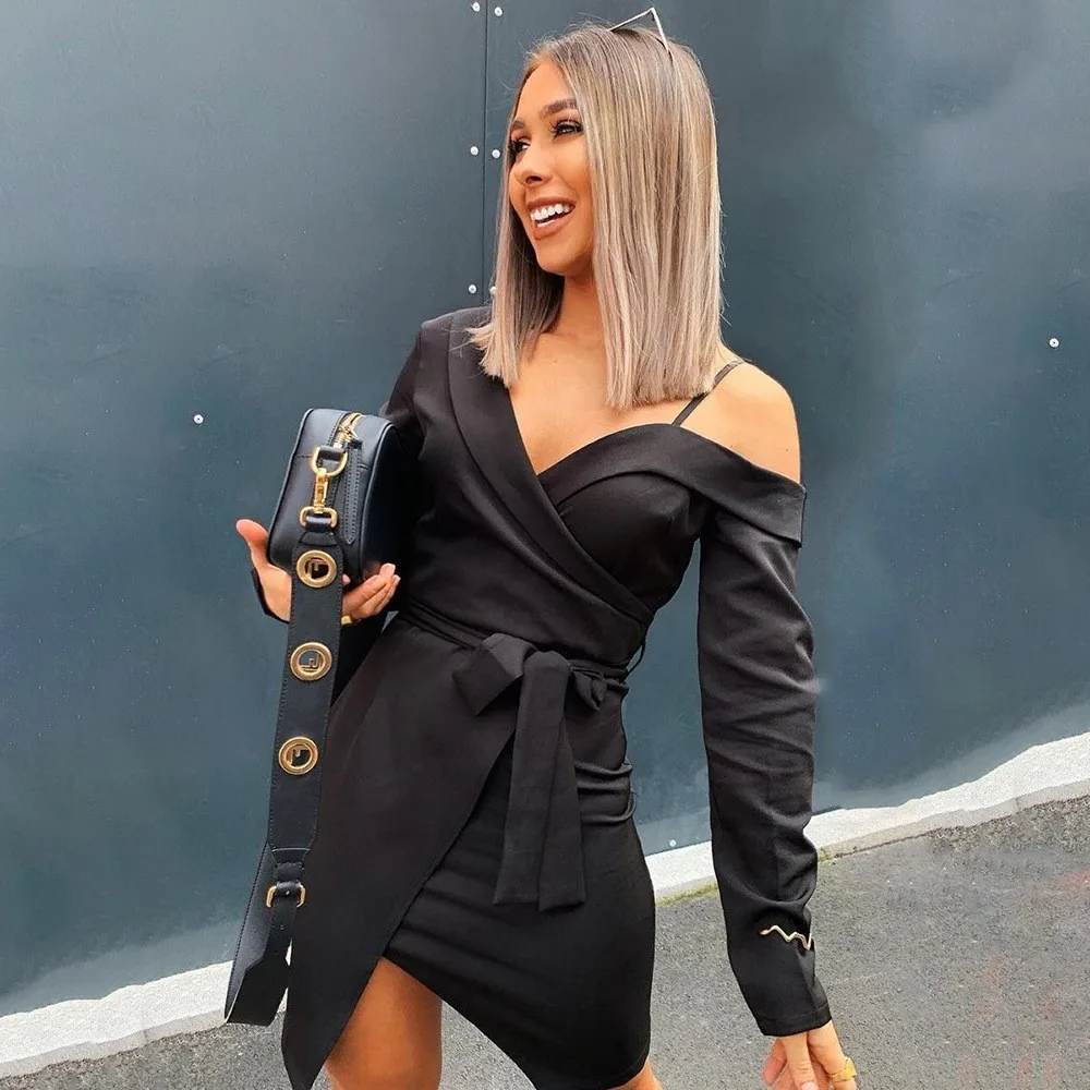 

One-shoulder Solid Strapless Sheath Dress Women Sexy Strappy Bow Long Sleeve Mini Dress Female V-neck Autumn Dress cwd0593-5