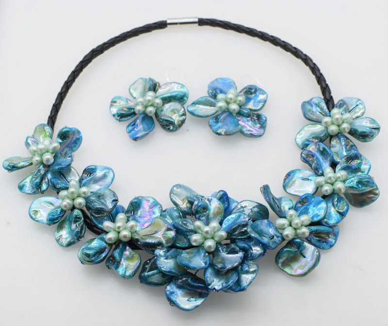 

WOW! freshwater pearl rice and blue shell flower necklace nature 18inch nature FPPJ wholesale