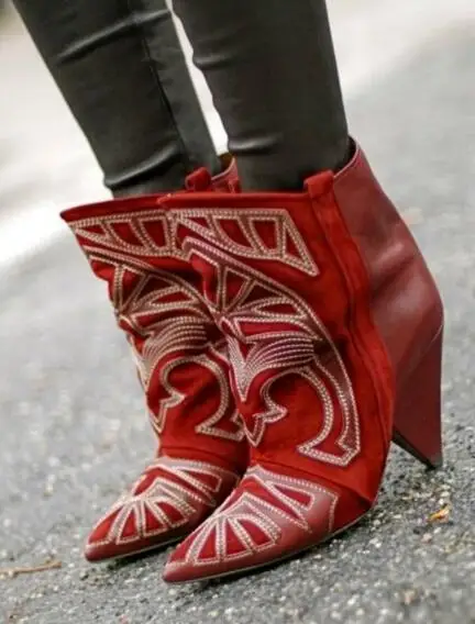 

Hot Selling Pointed Toe Spike Heels Woman Boots High Quality Leather Embroidery Ankle Boots Mixed Colors High Heel Riding Boots