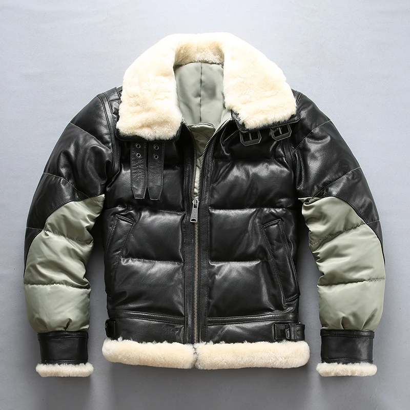 sheepskin coat Free shipping.Brand new mens goatskin jacket,winter warm 400g 80% white duck down leather jacket,classic B3 quality fur coat. sheepskin aviator jacket