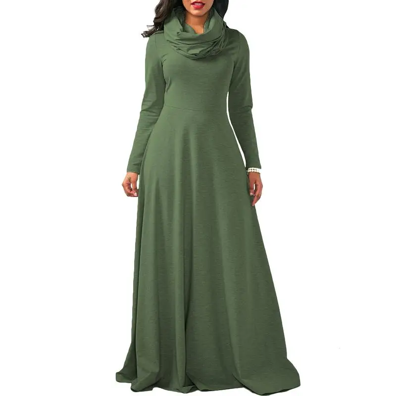Осеннее зимнее теплое платье для женщин, повседневное, с длинным рукавом, водолазка, женское платье трапециевидной формы, элегантное, тонкое, длинное, макси платье, vestidos robe Femme - Цвет: green dress