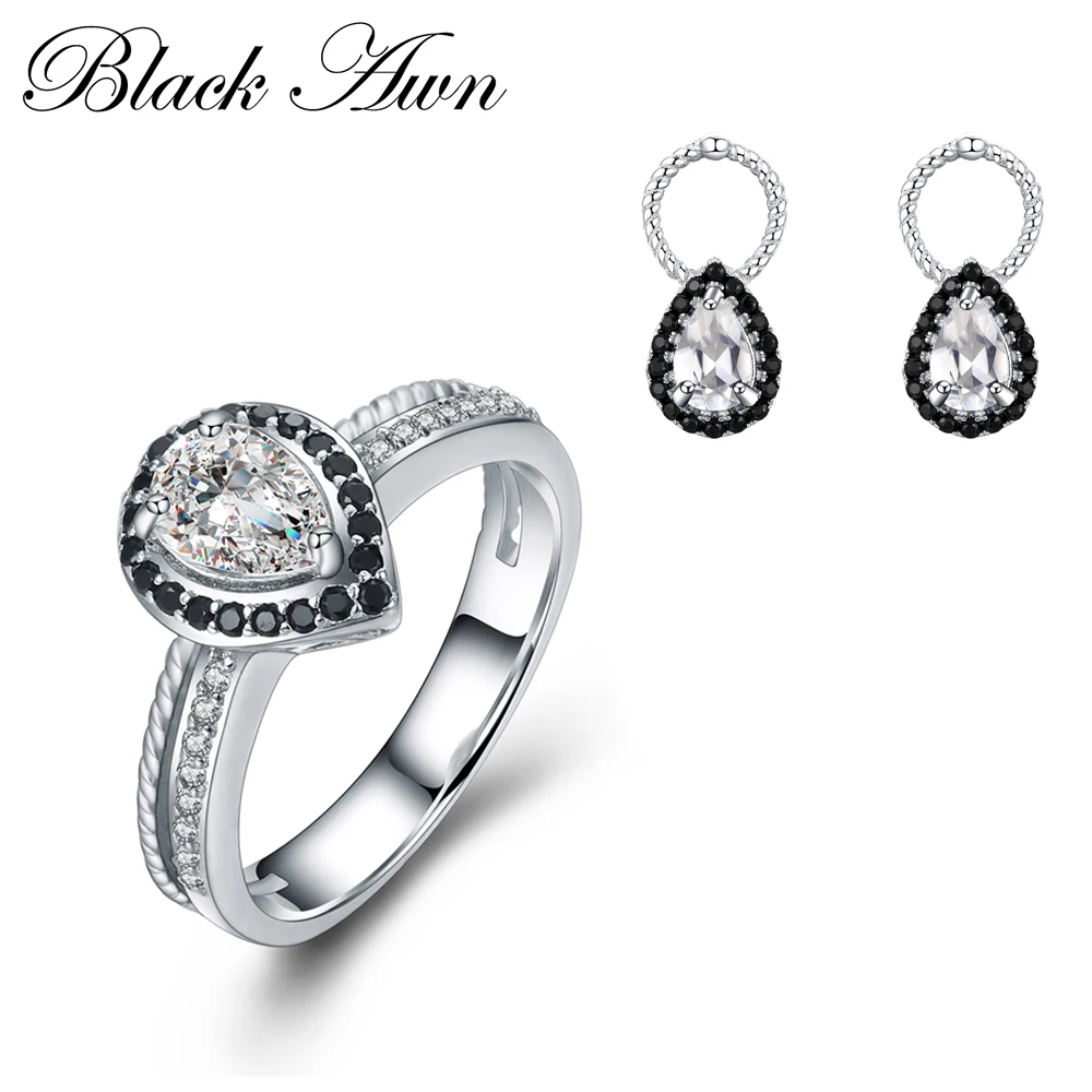 

[BLACK AWN] 925 Sterling Silver Fine Jewelry Sets Trendy Engagement Earring for Women Wedding Ring TR050