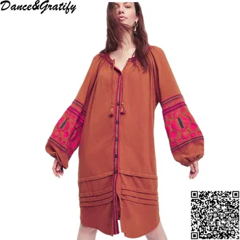 

Dance&Gratify 2018 summer Bohemian dress vestido loose embroidered Vintage dress Hoho Hippie Cotton linen dress Lantern Sleeve