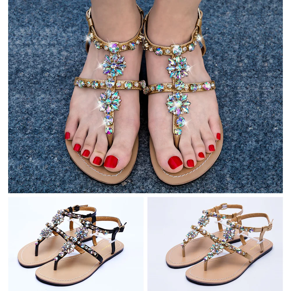 

2019 NEW Women`s summer Casual t-strap Boho shoes Flat beach Sandals woman shining bohemia sandals flip flop Rhinestone shoes