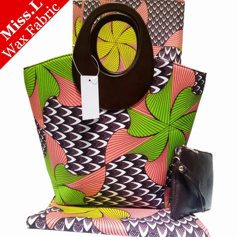 

African Wax Prints Handbag Set,High Quality Woman's Wax Bags Matching 6 Yards Dutch Real Wax Fabric 100% Cotton For Sewing