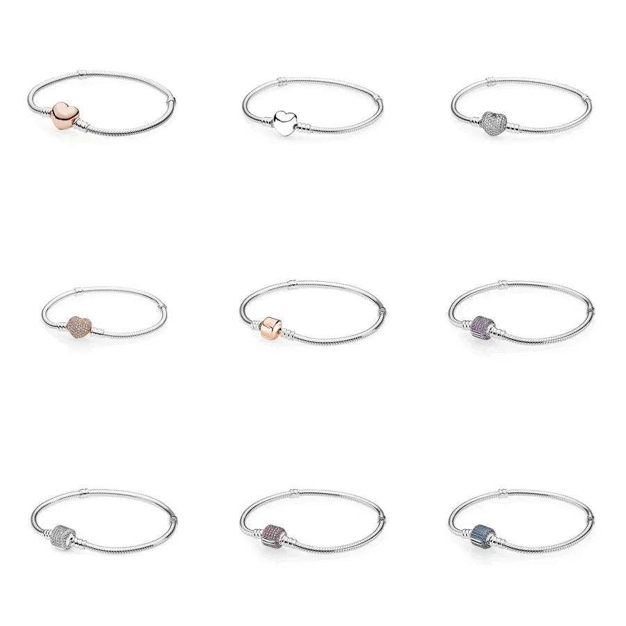 

9 Style 925 Sterling Silver Bracelets Crystal Heart Buckle Bangles Bracelets for Women Beauty fit Diy Beads Charms