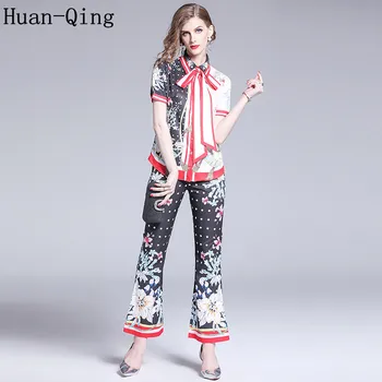 

Ladies Summer Office 2 Piece Set Women's Flower Print Bow Single-Breasted Shirt Blouse + Flare Wide Leg Pants Two Piece Set Suit