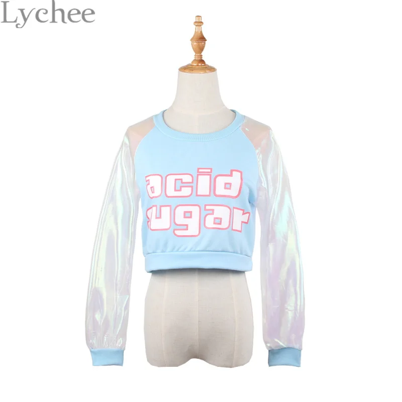 Lychee Весна Осень Harajuku японский стиль Женская футболка лазерная прозрачная с длинным рукавом Лоскутная кроп-топ - Цвет: Blue