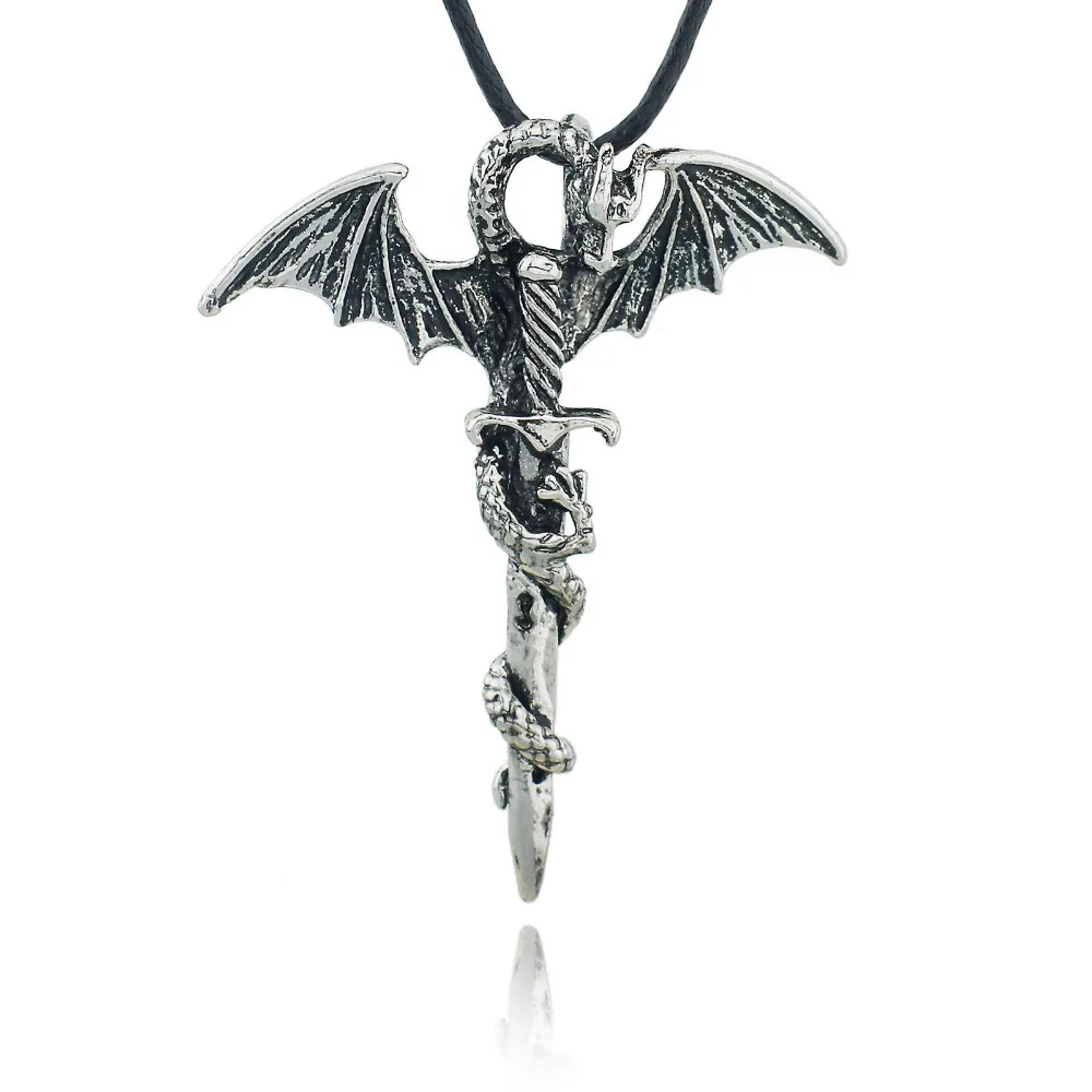 

Dormon Punk Men's Flying Dragon Sword Titanium Stainless Steel Chic leather chain Pendant Necklace X493