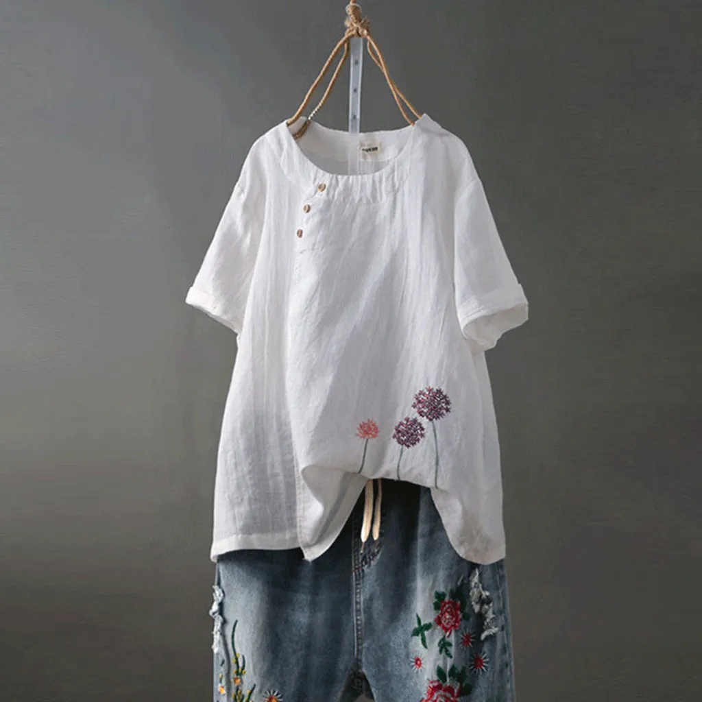 المؤنث بلوزة قميص القطن و الكتان زائد حجم التطريز س الرقبة زر عارضة بلوزة قمم Blusas موهير دي مودا 2019 قميص