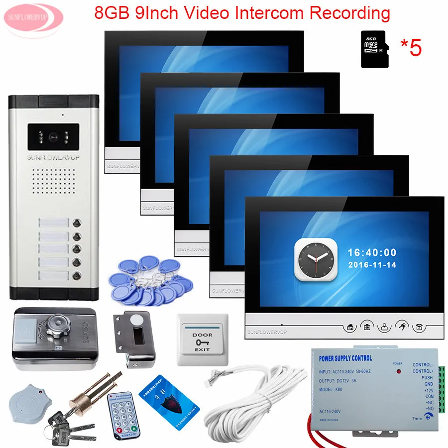 9'' Video Surveillance For The House Video Intercom Recording With Rfid Door Lock Videophone 5 Villas + 8GB TF Card System Unit