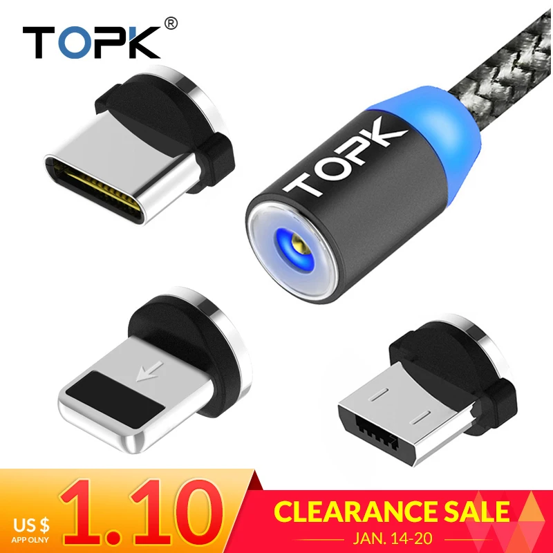 TOPK R-Line1 LED Magnetic USB Cable for iPhone Xs Max 8 7 6 & USB Type C Cable & Micro USB Cable for Samsung Xiaomi Huawei USB C