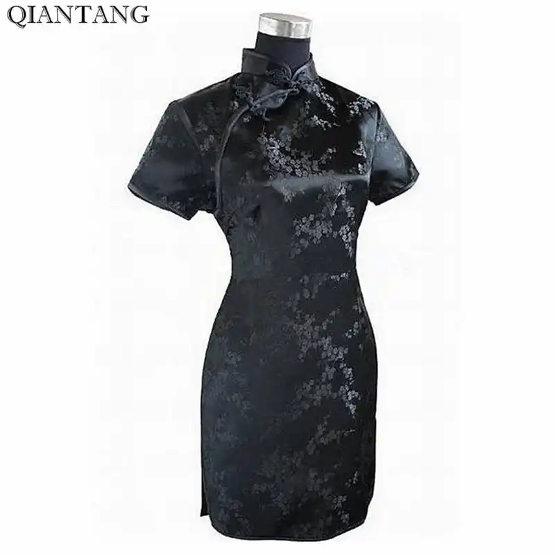 Черное традиционное китайское платье Mujer Vestido Женские атласные Qipao Мини Cheongsam цветочный размер S M L XL XXL XXXL 4XL 5XL 6XL J4039 - изображение