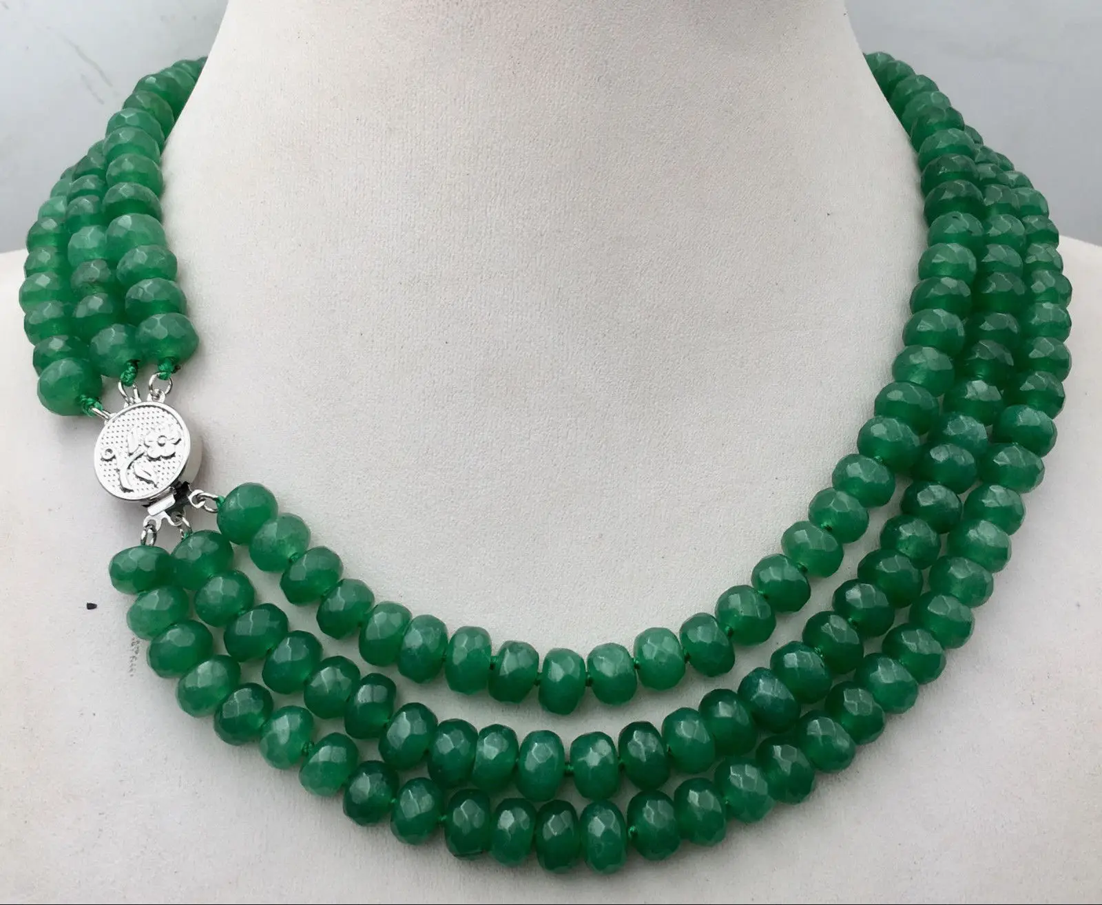 

Huge 5x8mm NATURAL green jade FACETED BEADS NECKLACE 3 Row 18-20'' jade