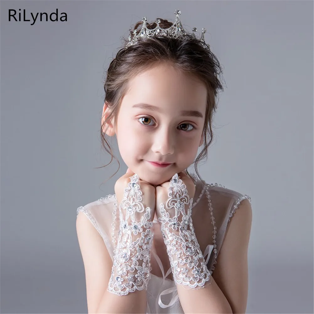 Lace-studded children's wedding flower girl dress gloves fingerless girls show dance gloves decoration - Цвет: Photo Color