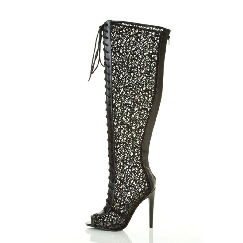 Fsj Longues De Croix Femme Toe Grande D'été Mince Veau Talons Fsj01 Up Peep attaché Gladiateur Reine Haute Bottes Lace Sexy Chaussures Noir cTF13JulK