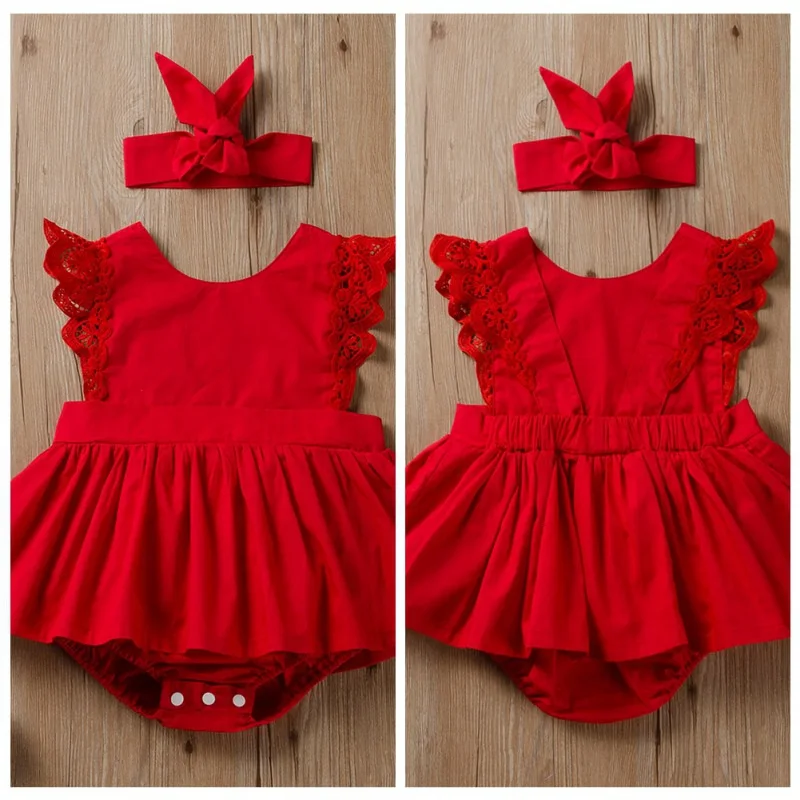 Красное детское платье-комбинезон с рукавами-крылышками и бантом детское нарядное платье для новорожденных девочек, хлопковый комбинезон+ детская лента для волос, комплект одежды, Лидер продаж