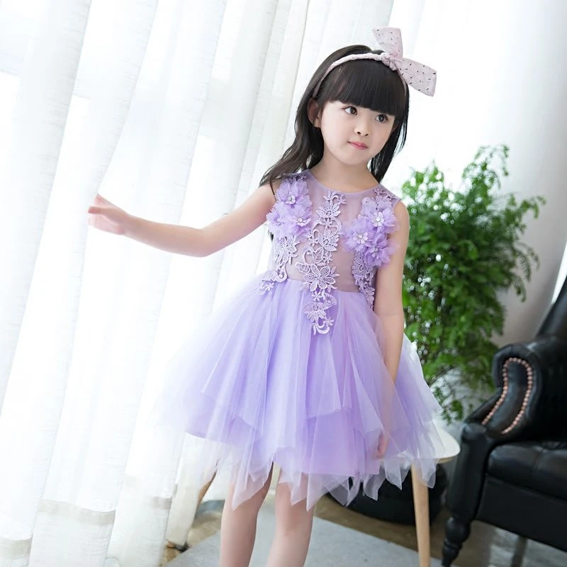 

2017 New Korean Sweet Beautiful Purple Color Children Girls Princess Dress With Flowers Decoration Wedding Birthday Party Dress