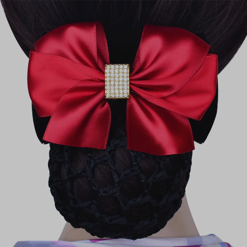 Women Nurse Satin Bow Rhinestone Hair Bun Net Barrette Office Big