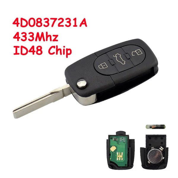 OkeyTech дистанционный переключатель ключ для Audi A3 A4 A6 A8 B5 TT RS4 Quattro старых моделей 433 МГц ID48 чип Флип складной HU66 лезвие 4D0837231A - Количество кнопок: 4D0 837 231 A 433Mhz