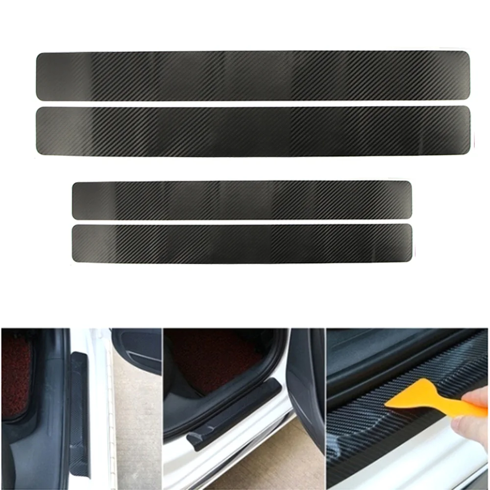 

New 4pcs Car Door Sill Carbon Fiber Sticker Anti Scratch 3D Decal Anti-Kick Film Protection With Scraper Door Scratch Bars Pad
