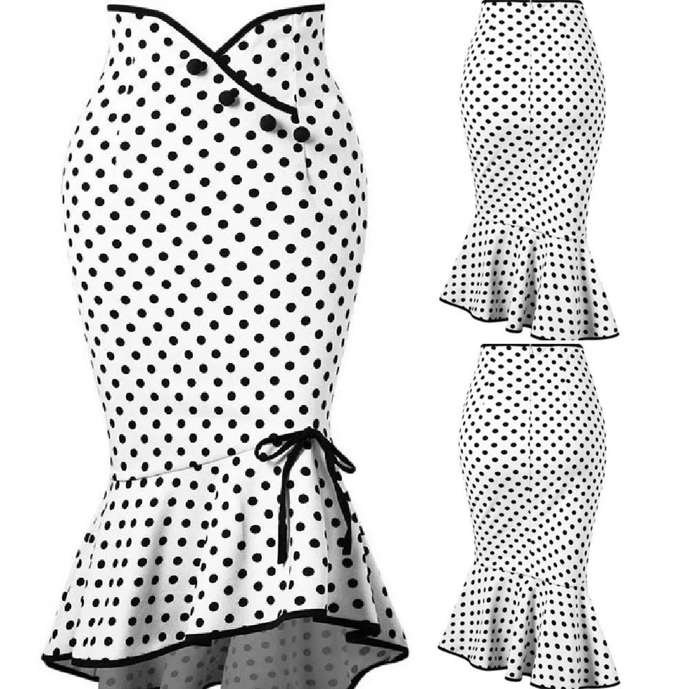 

feitong Fashion Women Sexy Casual Polka Dot Botton Ruffles Tight Fitting Hip Party Skirt Womens Spring Winter Office Clothes#w30