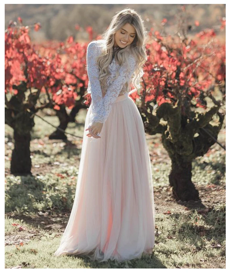 Лори Бохо с длинным рукавом свадебное платье Robe de mariee две части белый кружевной топ розовый свадебное платье пышное Тюлевое свадебное платье es